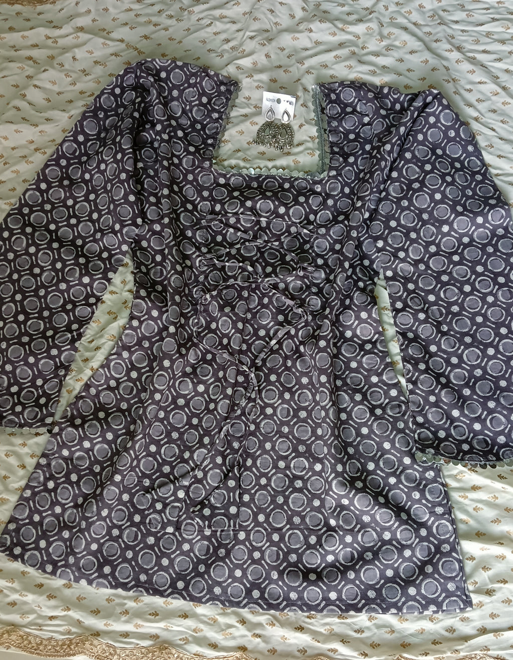 Grey Geoprint Kurti with stylish Back lace-up