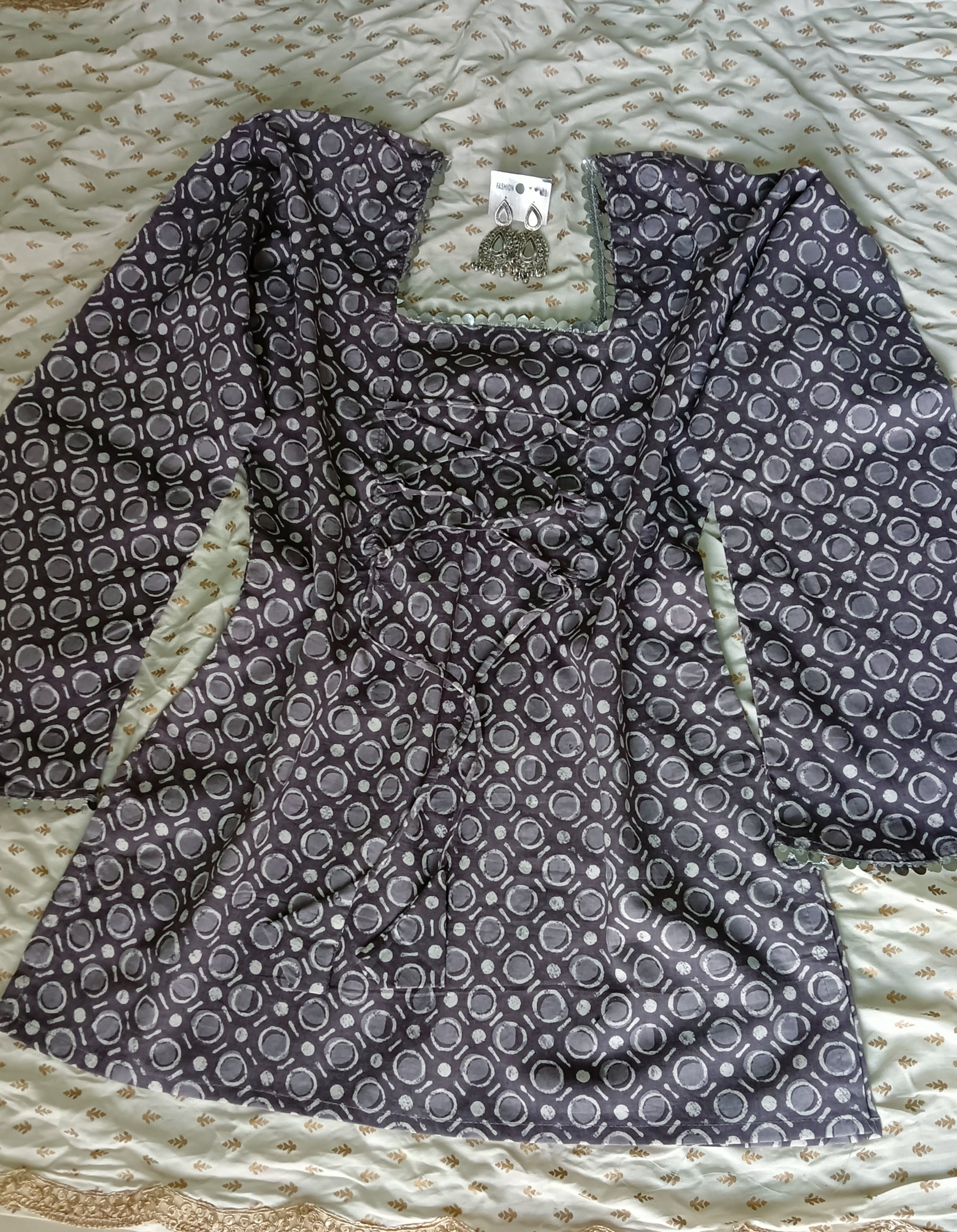 Grey Geoprint Kurti with stylish Back lace-up