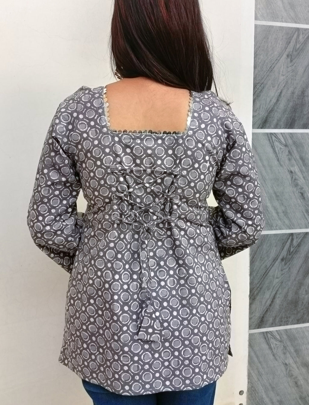 Grey Geoprint Kurti with stylish Back lace-up