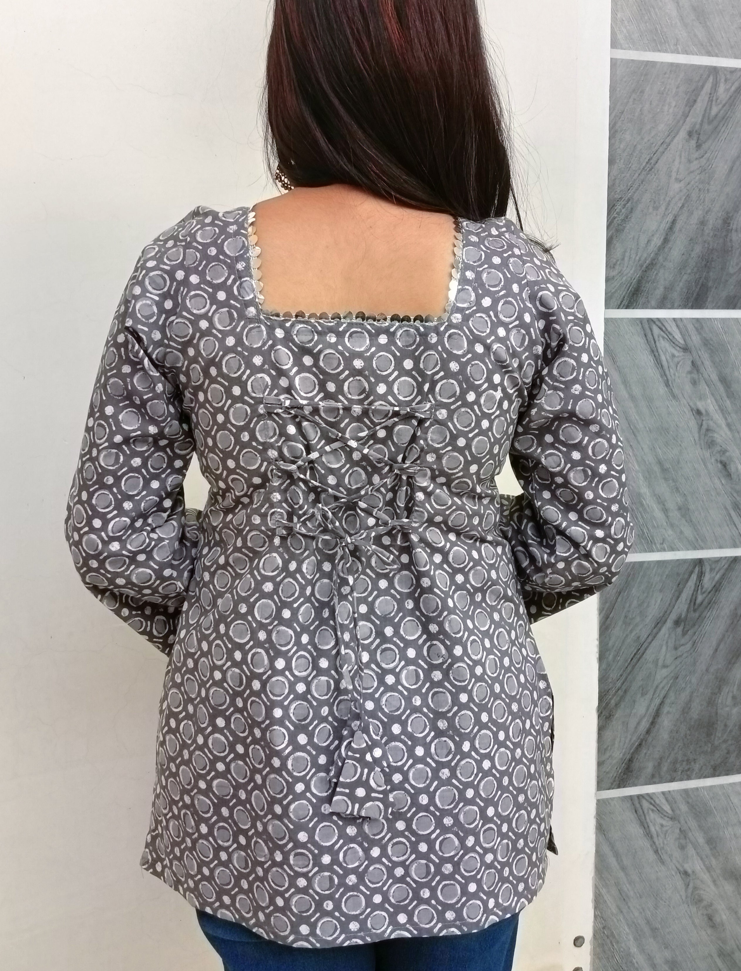 Grey Geoprint Kurti with stylish Back lace-up