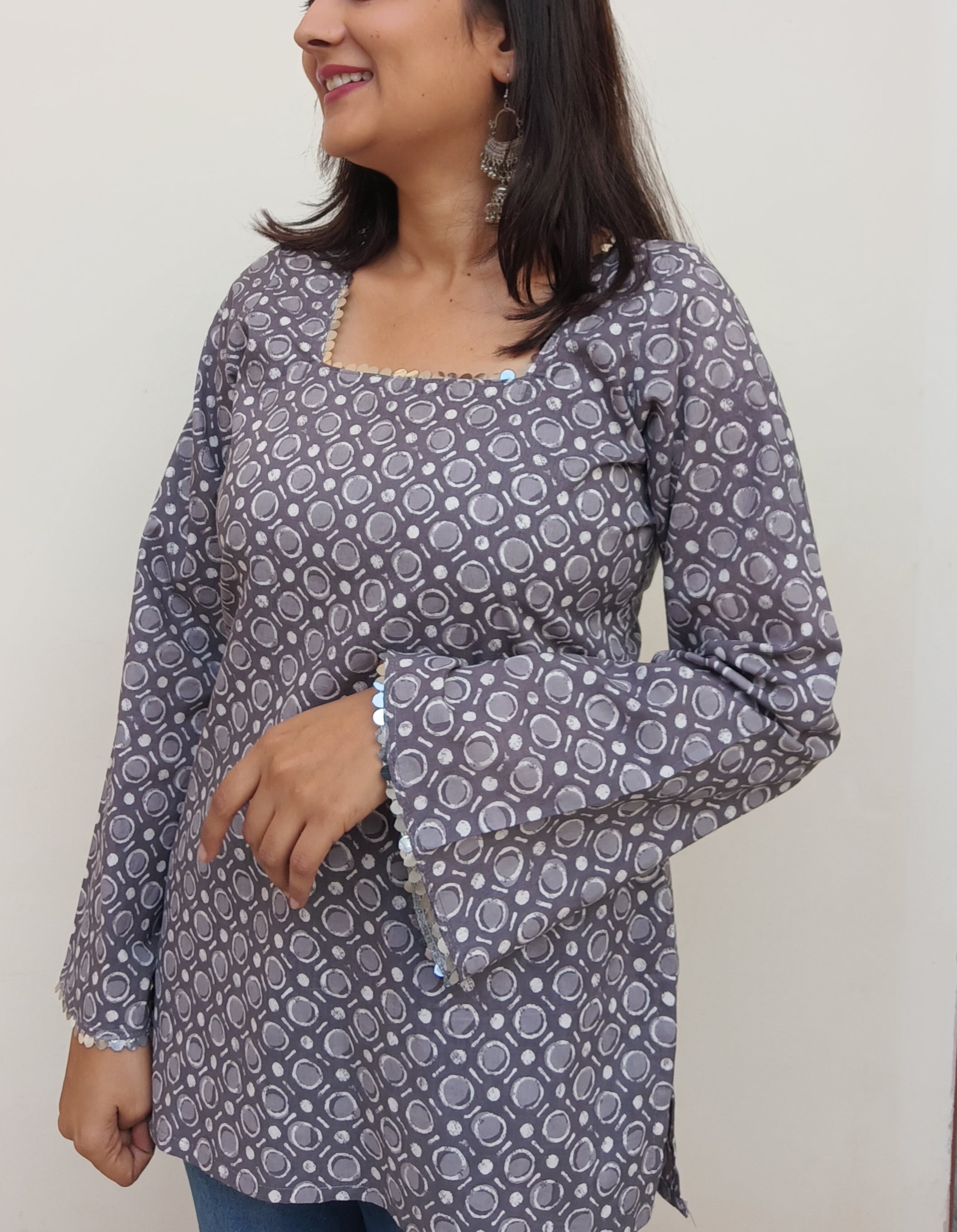 Grey Geoprint Kurti with stylish Back lace-up