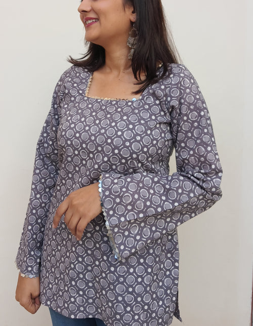 Grey Geoprint Kurti with stylish Back lace-up