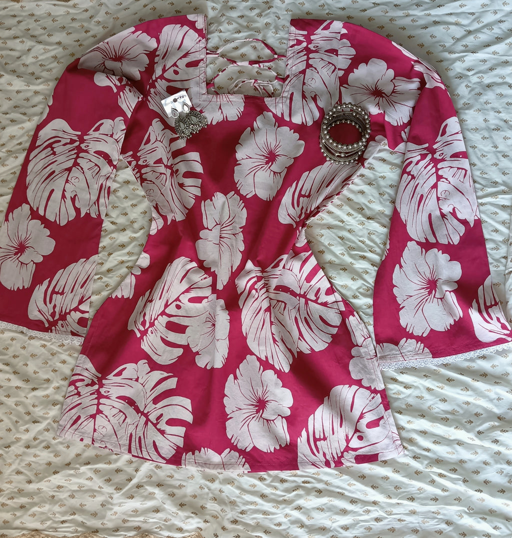 Pink tropical floral lace-up kurti